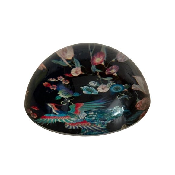 Clear Glass Dome Paperweight With Floral & Phoenix Design Black Background - Picture 2 of 7